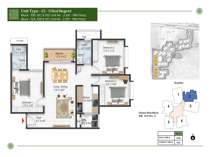 Prestige Pallavaram Gardens 3 BHK Floor Plan