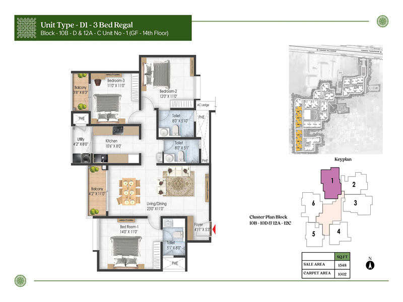 Prestige Pallavaram Gardens 3 BHK Floor Plan
